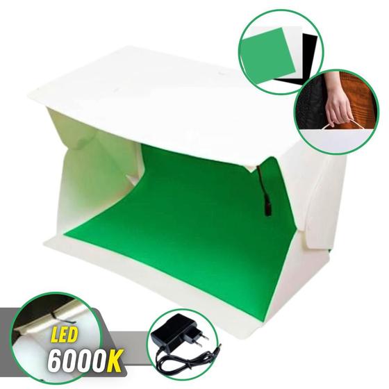 Imagem de Estúdio Cenário Para Tirar Fotos de Produtos Evobox Plus Led 6000K Com Fundo Branco, Preto e Verde