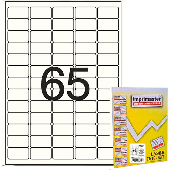 Imagem de Etiqueta Adesiva Imprimaster A4 - 38,1mm X 21,2mm - 65 etiquetas folha - Caixa c/100 folhas - 6500 Etiquetas Adesivas
