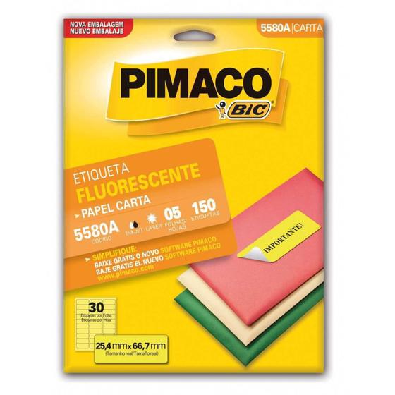 Imagem de Etiqueta Carta 5580A Fluorescente Amarelo 5Fls. 25,4mmX66,7mm Pimaco - Ct.C/150
