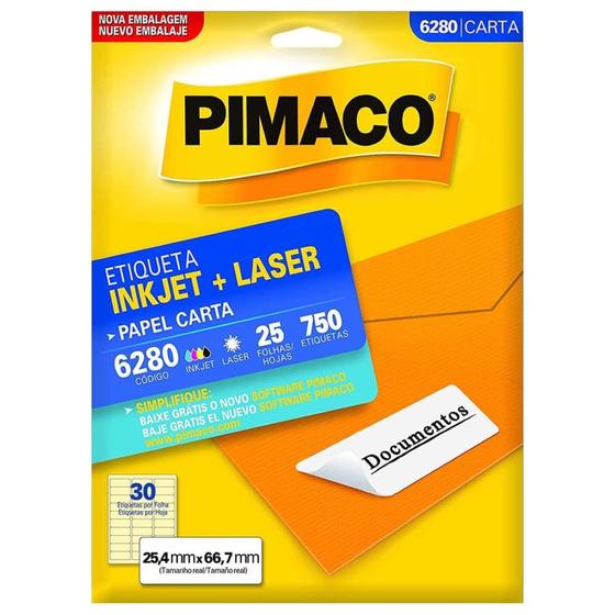 Imagem de Etiqueta Pimaco Carta Inkjet + Laser 25,4x66,7mm 25 Folhas 6280