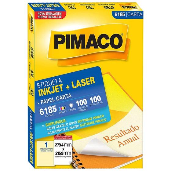 Imagem de Etiqueta Pimaco Carta Inkjet + Laser 279,4x215,9mm 100 Folhas 6185