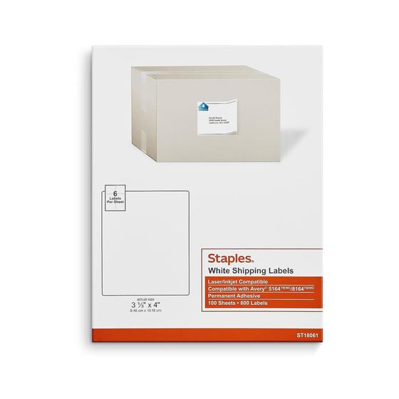 Imagem de Etiquetas de envio Staples Laser/Inkjet 3-1/3 x 4 brancas 600 unidades