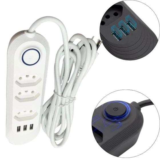Imagem de Extensão 2 Em 1 De 3 Tomadas Tripolar Hub Com 3 Usbs 3.4 A