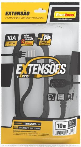 Imagem de Extensão 3 Tomadas 2P+T 10A Preto 10 Metros Bivolt Enerbras