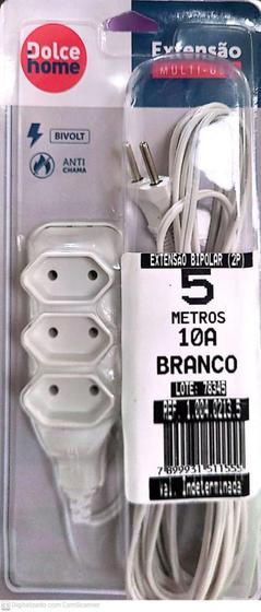 Imagem de Extensão Bipolar Bivolt Slim 5 Metros Branco 10A Dolce Home