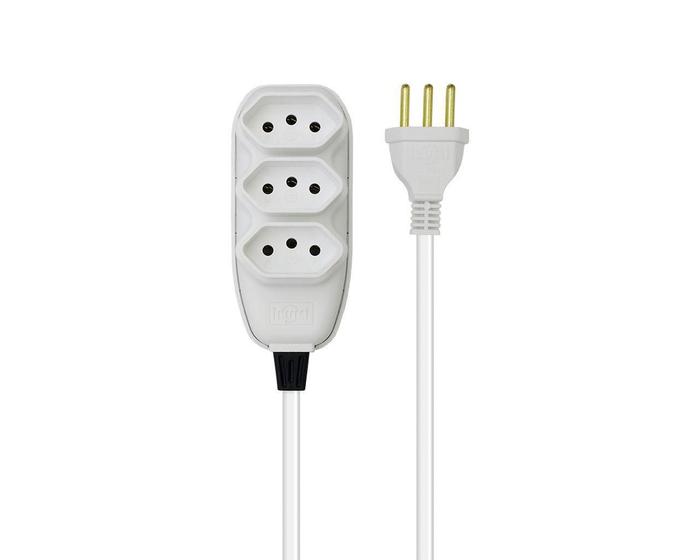 Imagem de Extensão Compacta Com Cabo PP Chato 3 Vias 3M 10A 250V 3P Branco Ilumi