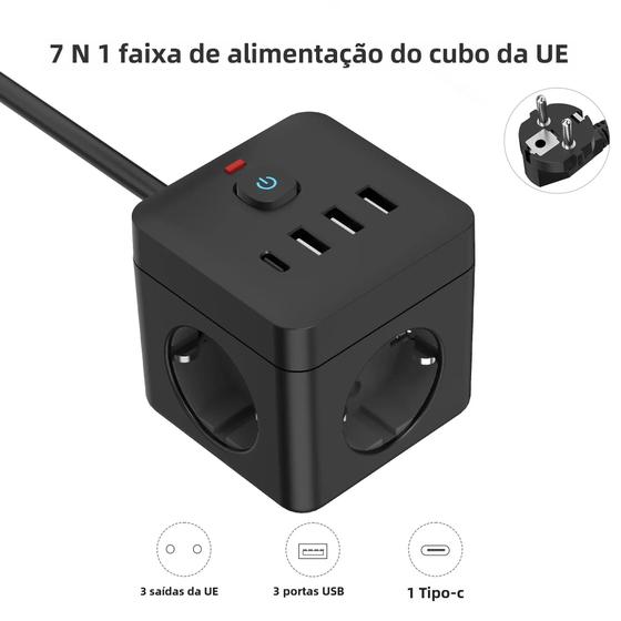 Imagem de Extensão de Energia 7 em 1 com Protetor de Surtos - 3 Tomadas CA, 3 USB e 1 Tipo C