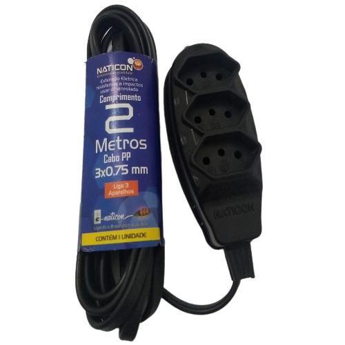 Imagem de Extensão Elétrica 2 Metros com 3 Tomadas Cabo PP 2P+T PP 2,0 x 0,75 - Naticon