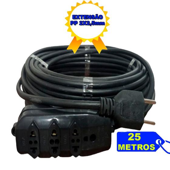 Imagem de Extensão Elétrica 25 Metros Cabo PP 2x2,5mm Padrão Novo / Antigo Tomada com 10A e 20A Com Plug 10A