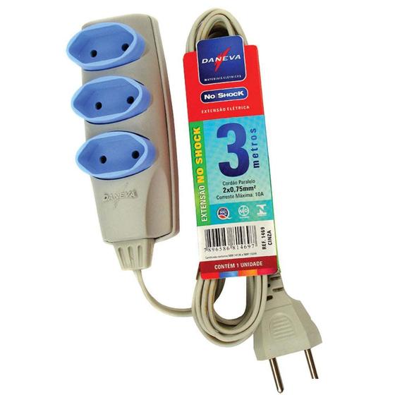 Extensão elétrica 3 metros 3 tomadas Noshock LP cinza Daneva Menor preço em Extensão elétrica 3 metros 3 tomadas Noshock LP cinza Daneva