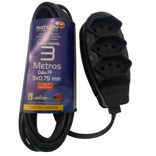 Imagem de Extensão Elétrica 3 Metros com 3 Tomadas Cabo PP 2P + T PP 2,0 x 0,75 - Naticon