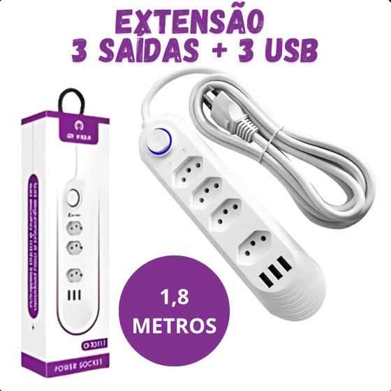 Imagem de Extensão Elétrica 3 Tomadas com 3 USB e Botão LED Branco