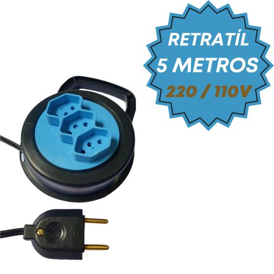 Imagem de Extensão Elétrica 5 Metros 3 Tomadas Tripolar 10a Bivolt Retratíl