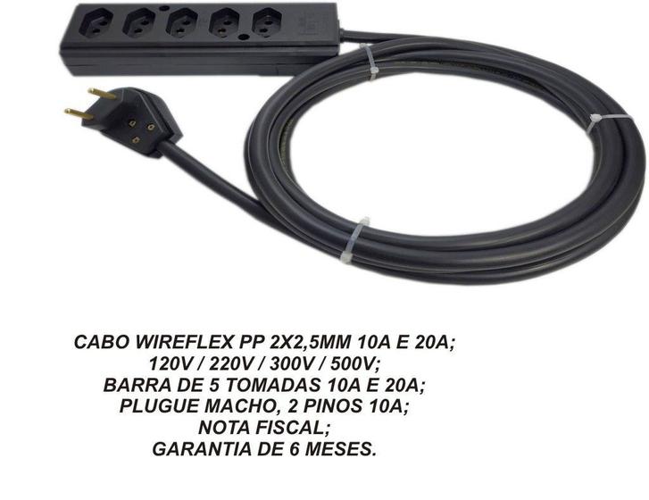 Imagem de Extensão elétrica de 5 metros cabo pp 2x1,5mm, 5 tomadas.