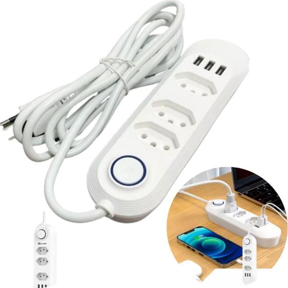 Imagem de Extensão Elétrica Resistente 3 Tomadas 3usb Com Botão Bivolt