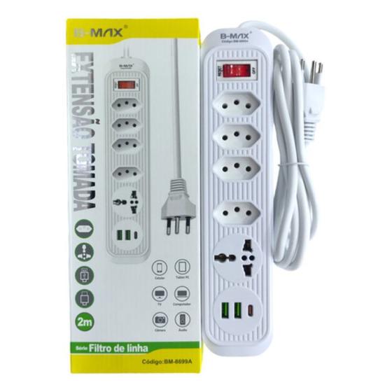 Imagem de Extensão Filtro De Linha 5 Tomadas 2 Usb 1 Tipo C Universal