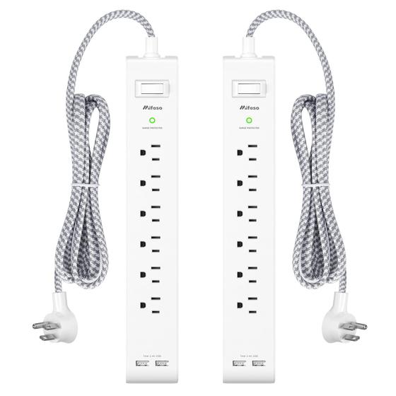 Imagem de Extensão Mifaso com 6 Tomadas e 2 USB - Pacote com 2 Unidades e Cabo de 12 Pés