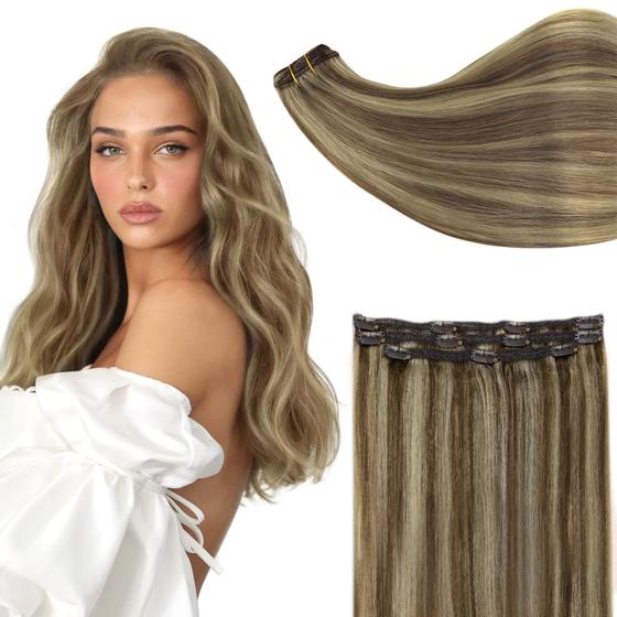 Imagem de Extensões de cabelo Clip in Full Shine 30 cm, marrom médio com mechas