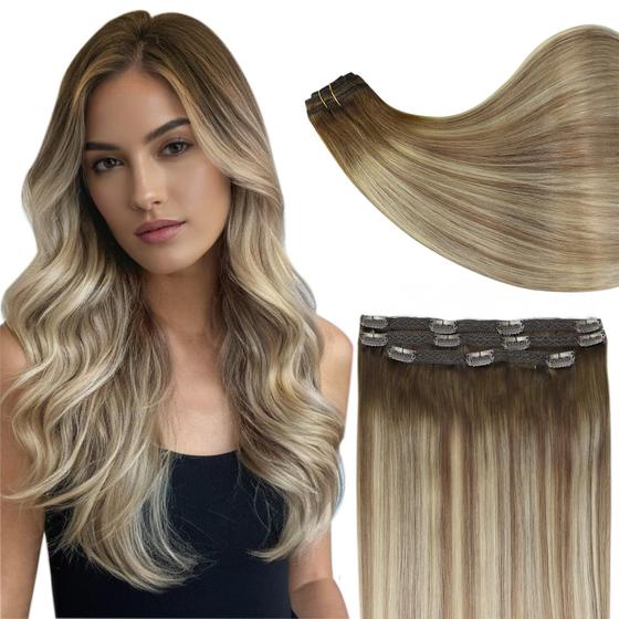 Imagem de Extensões de Cabelo Clip in Full Shine Ombre Castanho Escuro 50cm