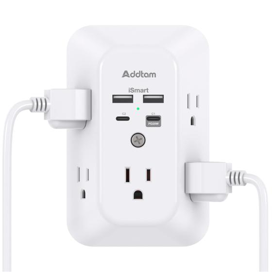 Imagem de Extensor de Tomadas Addtam 5 Saídas com 4 USB PD 20W - Protetor de Surtos