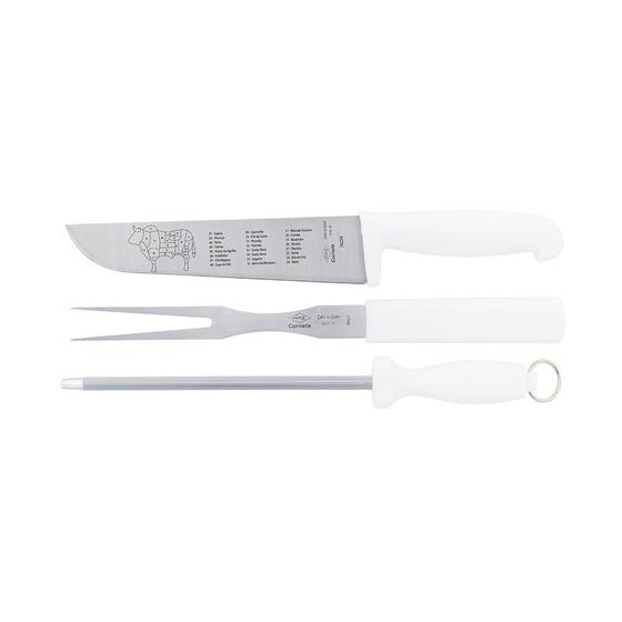 Imagem de Faca Chaira E Garfo De Inox Com Cabo Branco Day By Day 8" - Corneta Churrasco
