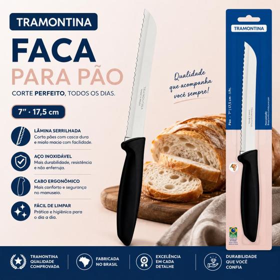 Faca de Pão Tramontina Plenus 7" Lâmina Serrilhada Aço Inox Ergonômica para Cozinha