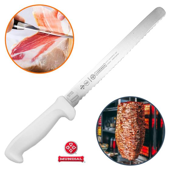 Imagem de Faca Fiambre Serrilhada 25cm Fatiador kebab Frios Pão Salames Churrasco Grego Aço Inox de Alta Dureza Cabo Antibacteria