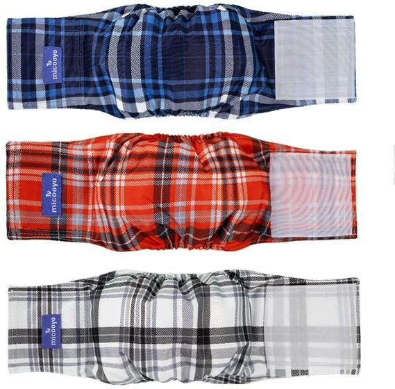 Imagem de Faixas de barriga laváveis MICOOYO para cães machos  Fraldas reutilizáveis para cães  Envoltórios absorventes para cães com fecho ajustável - Pequeno (pacote com 3, xadrez vermelho, azul e cinza)