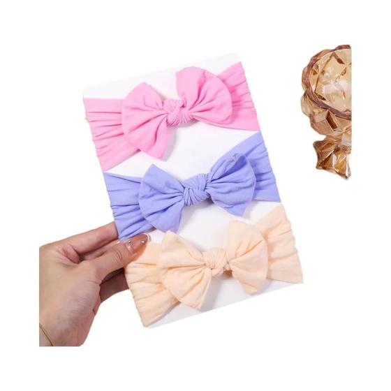 Imagem de Faixas de Cabelo para Bebê - Kit com 3 Tiaras de Malha Elástica