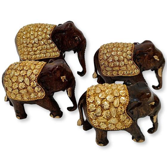 Imagem de Familia de 4 Elefantes de Madeira Indiana Detalhes Dourado