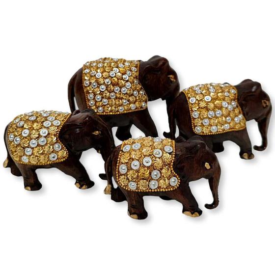Imagem de Familia de 4 Elefantes de Madeira Indiana Detalhes Dourado