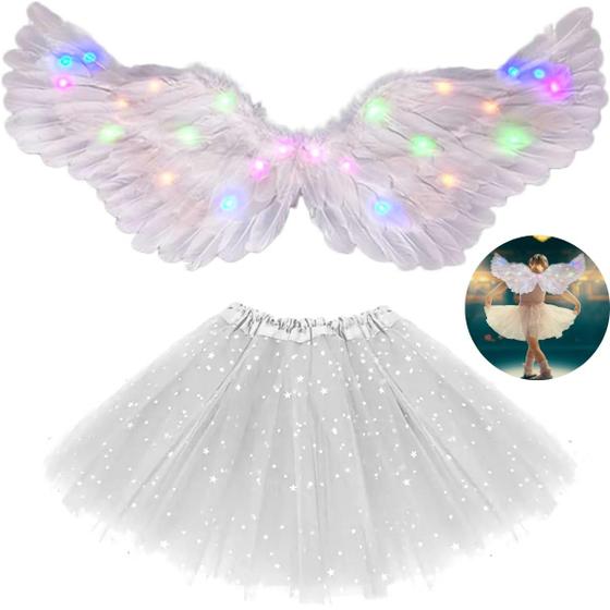 Imagem de Fantasia Anjo Branco Adulto Asa Led E Saia Carnaval Festa