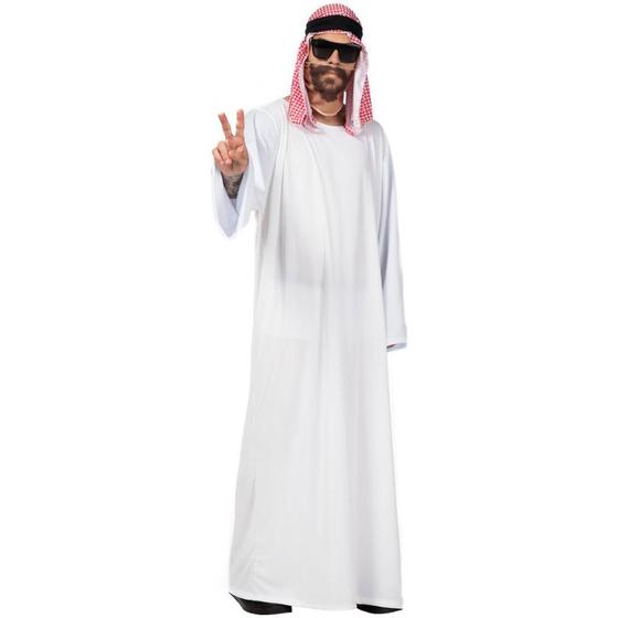 Imagem de Fantasia Arabe Masculina Tunica Branca de Sheik Mulcumano com Tunica Xadrez Vermelha pra Adulto