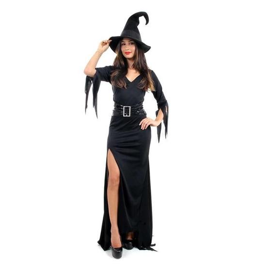 Fantasia Bruxa Medieval Feminina Longa de Luxo Com Chapéu ...