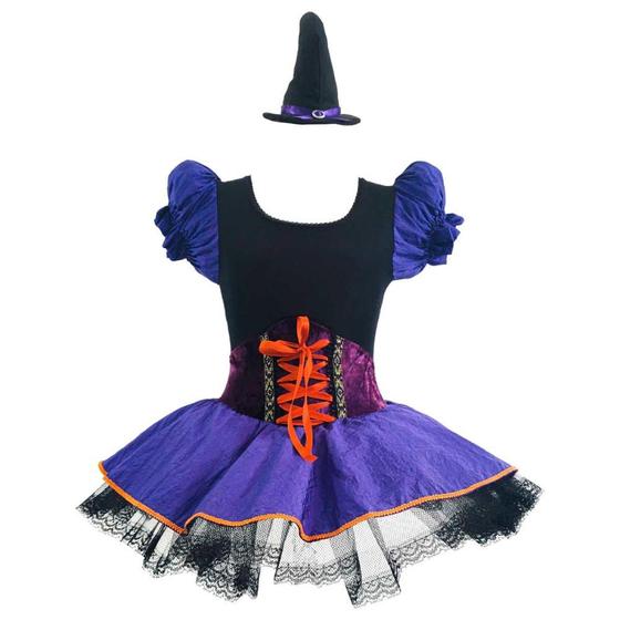 Imagem de Fantasia Bruxinha Infantil de Luxo Com Corselet e Chapéu de Halloween