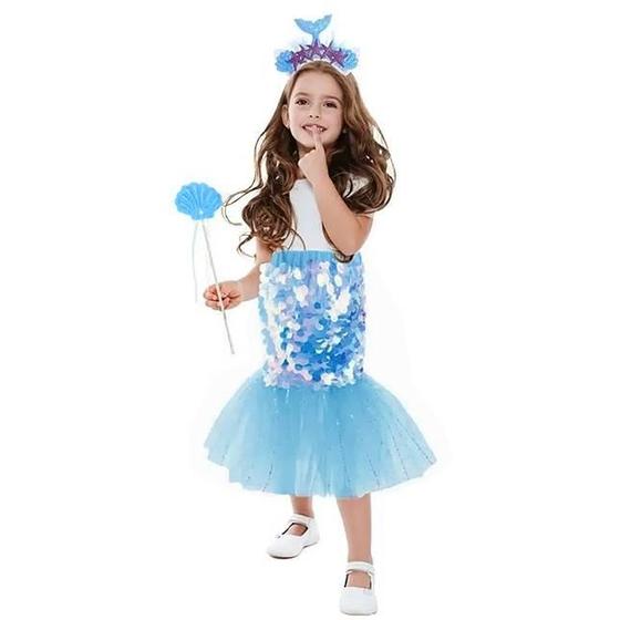 Imagem de Fantasia Carnaval Menina Saia Cauda de Sereia Brilhante Com Coroa e Varinha Mágica