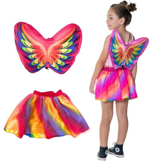 Imagem de Fantasia Com Asa E Tutu Fada Arco-iris Para Menina Infantil Colorida Criança Toymaster