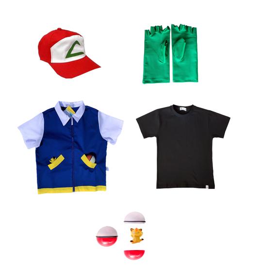 Fantasia Completa do Ash, Treinador de POKÉMON - camisa azul, camiseta preta, boné, luvas e pokebola Menor preço em Fantasia Completa do Ash, Treinador de POKÉMON - camisa azul, camiseta preta, boné, luvas e pokebola