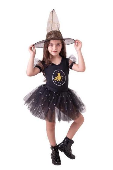 Imagem de Fantasia De Bruxa Feiticeira Infantil Com Saia De Tule Com Brilho Com Chapeu Halloween