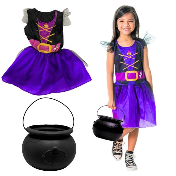 Imagem de Fantasia De Bruxinha Com Caldeirão Completa Menina Infantil Halloween Feminino Criança Toymaster