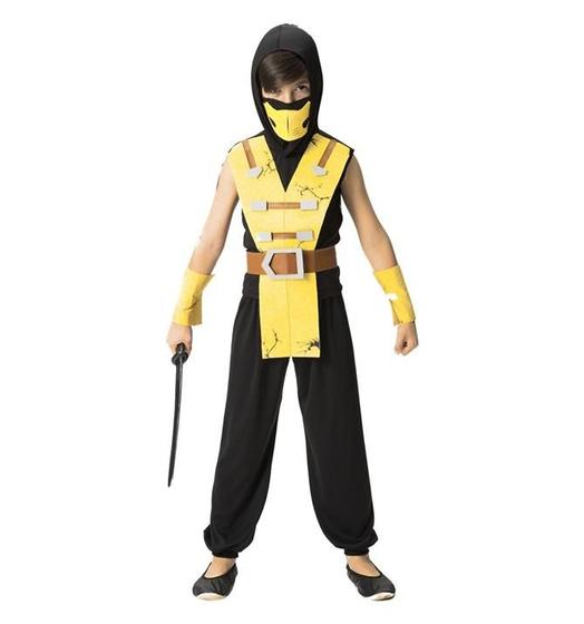 Imagem de Fantasia de Ninja Infantil Samurai Amarelo Com Capuz e Máscara