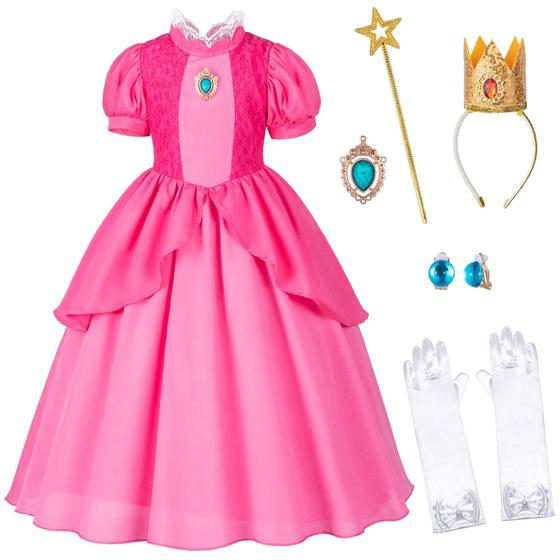 Imagem de Fantasia de princesa Vestido rosa Bosvin com luvas de coroa e 2T 3T