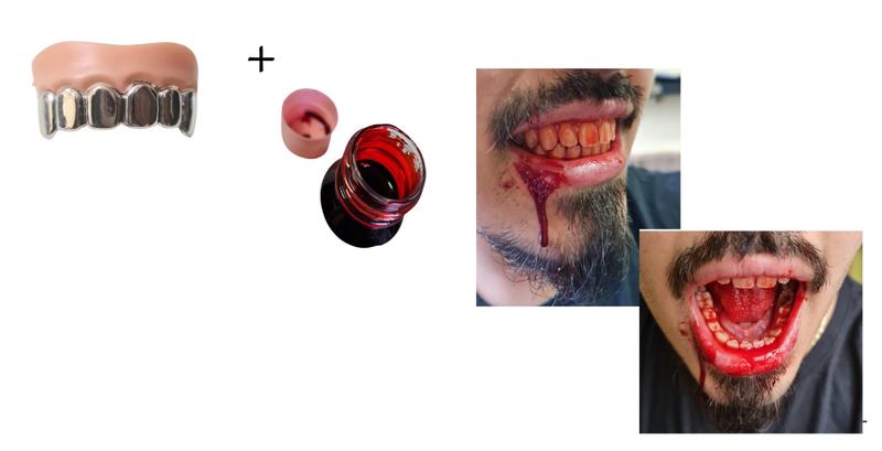 Imagem de Fantasia Dentadura Vampiro drácula Prata + Sangue comestivel