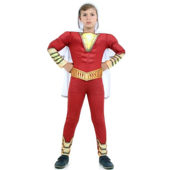 Imagem de Fantasia do Shazam Infantil Premium Com Músculo Capa e Capuz