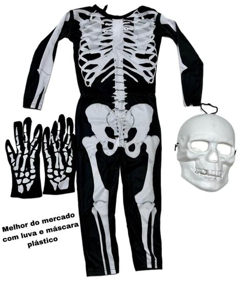 Imagem de Fantasia esqueleto  halloween luxo com mascara plastico e luva