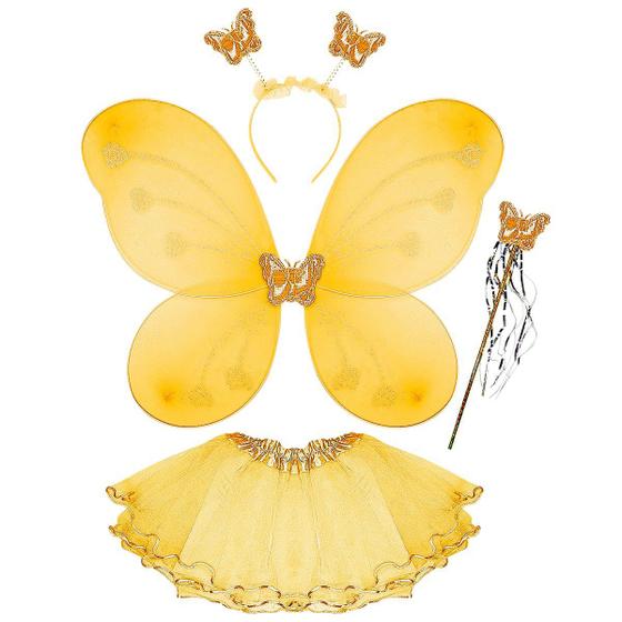 Imagem de Fantasia Fada Infantil 4 pçs Asas Varinha Tiara Saia Asinha Sainha Arquinho Menina Bastaozinho Resistente Carnaval Linda