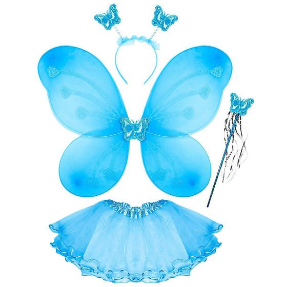 Imagem de Fantasia Fada Infantil 4 pçs Asas Varinha Tiara Saia Asinha Sainha Arquinho Menina Bastaozinho Resistente Carnaval Linda