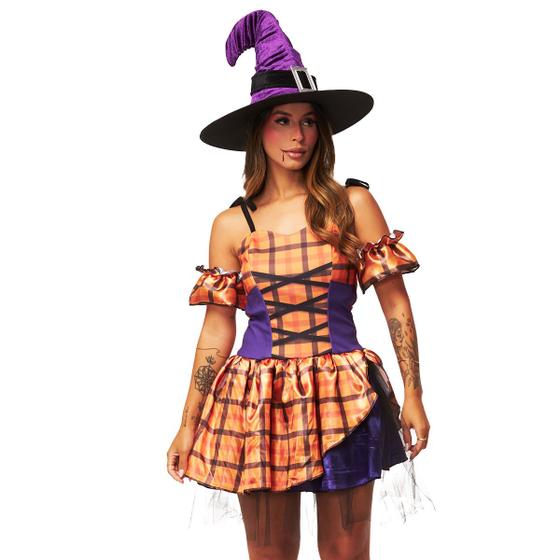 Imagem de Fantasia Halloween Bruxa Vestido Feminino Curto Laranja Luxo