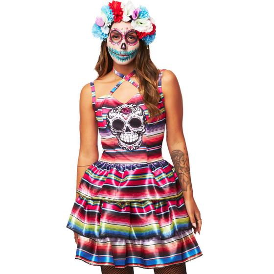 Fantasia Halloween Caveira Mexicana Vestido Feminino Curto Menor preço em Fantasia Halloween Caveira Mexicana Vestido Feminino Curto