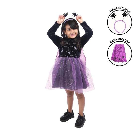 Imagem de Fantasia Halloween Infantil Feminina Vestido Viúva Negra Com Tiara